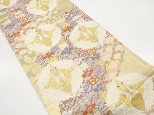 向かい鶴に雪輪・花・古典柄織り出し　袋帯